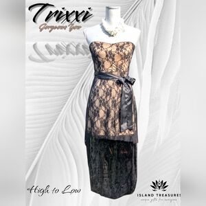 Black Trixxi Floral Lace High-Low Strapless Dress With Belt AndBeige Lining Sz S